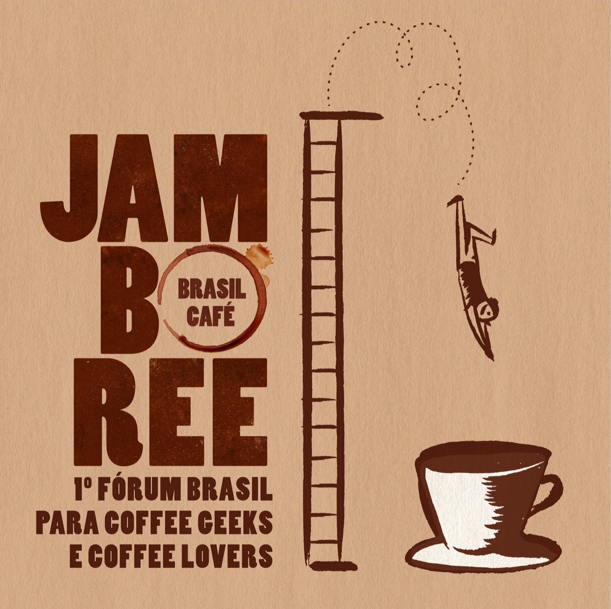 Ilustração com fundo bege. Uma escada com um trampolim, 1 personagem salta em uma xícara de café.